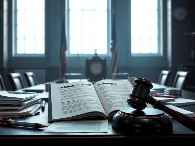 Flick International Courtroom scene featuring a judge's desk with legal documents and an open brief on defamation