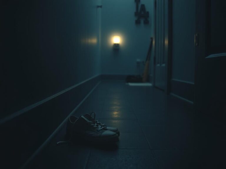 Flick International Dimly lit bathroom hallway with untied sneakers suggesting an accident