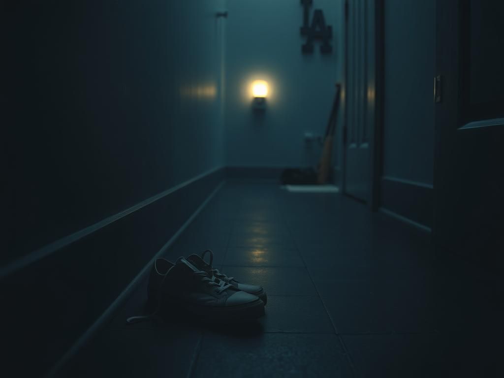 Flick International Dimly lit bathroom hallway with untied sneakers suggesting an accident