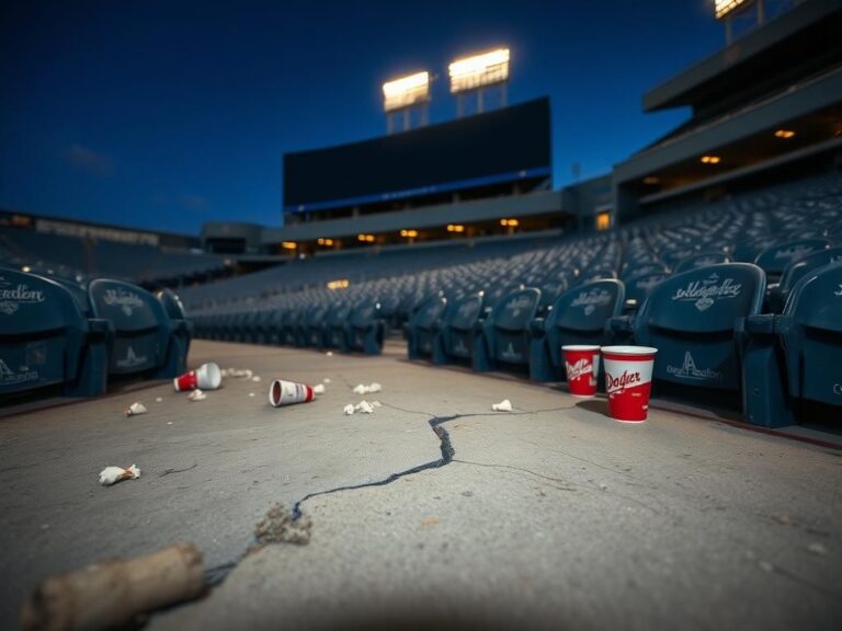Flick International Cracked concrete on the ground at Dodger Stadium, highlighting safety concerns