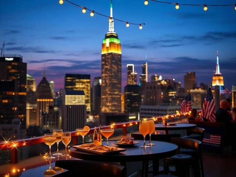 Flick International Stylish rooftop bar in New York City with high tables and decorative lights at a young conservative event