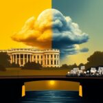 Flick International A powerful representation of the White House contrasted with a storm cloud and protest signs symbolizing political division