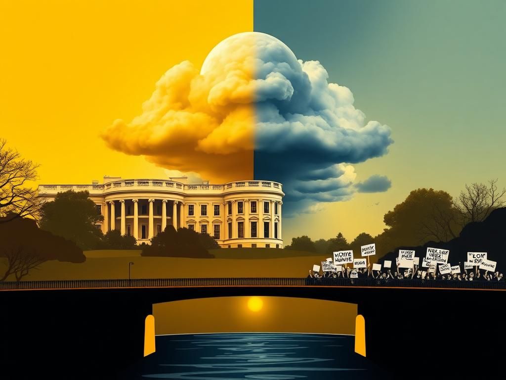 Flick International A powerful representation of the White House contrasted with a storm cloud and protest signs symbolizing political division