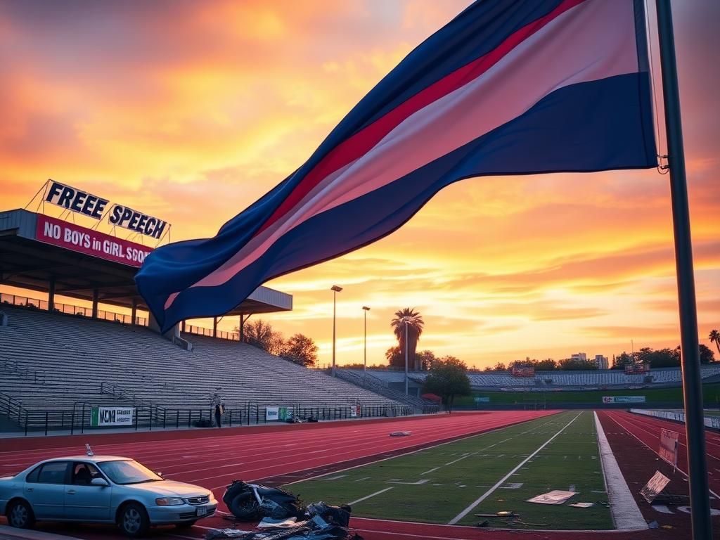 Flick International Dramatic scene at a California track championship featuring a transgender pride flag and remnants of protest signs