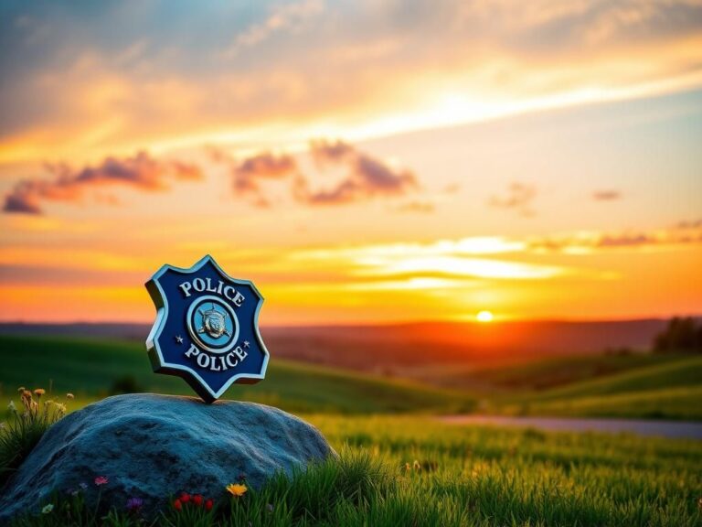 Flick International A serene sunset landscape symbolizing hope with a shining law enforcement badge