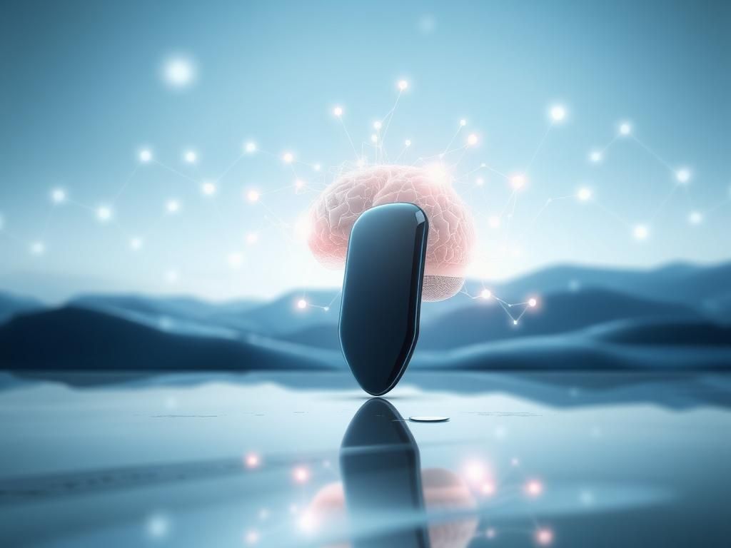 Flick International A sleek Neuralink brain implant device on a glossy surface, surrounded by glowing neural pathways.