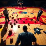 Flick International A high-energy basketball court scene showcasing tension during a WNBA game with referees and security present