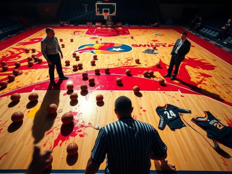 Flick International A high-energy basketball court scene showcasing tension during a WNBA game with referees and security present