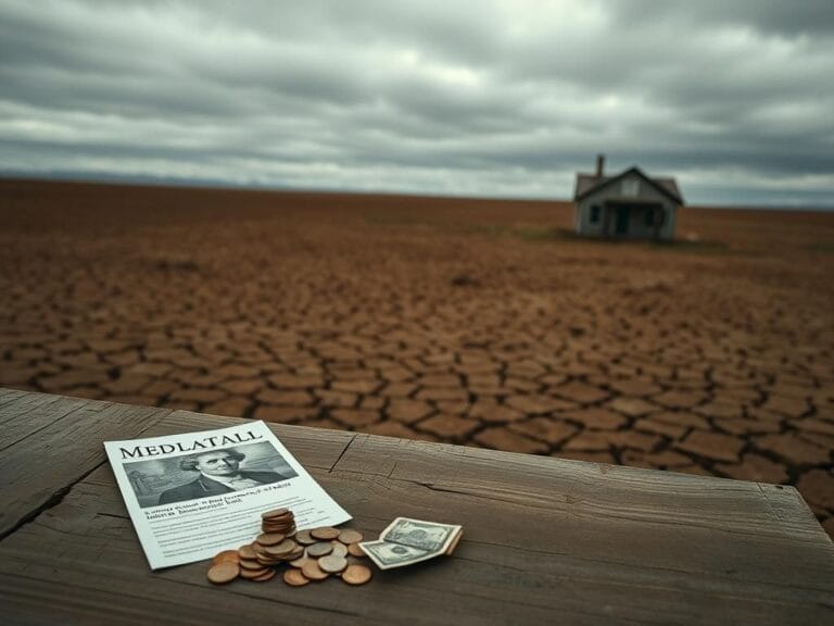 Flick International A weathered wooden table with coins and a Medicaid brochure in a stark landscape representing financial struggle
