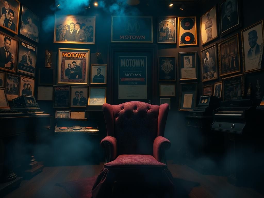 Flick International A dimly lit room filled with vintage Motown memorabilia, evoking nostalgia and unresolved tensions related to Smokey Robinson's past controversies.