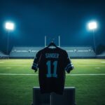 Flick International Empty football field with a single unoccupied quarterback's jersey hanging in a locker