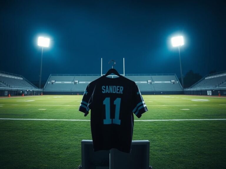 Flick International Empty football field with a single unoccupied quarterback's jersey hanging in a locker