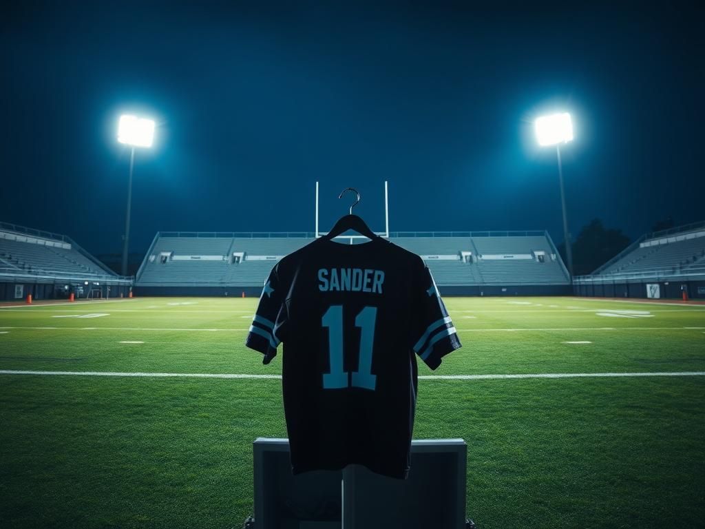 Flick International Empty football field with a single unoccupied quarterback's jersey hanging in a locker