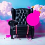 Flick International Artistic representation of a large black leather chair surrounded by vibrant pink and purple hues, symbolizing themes of restraint and liberation.