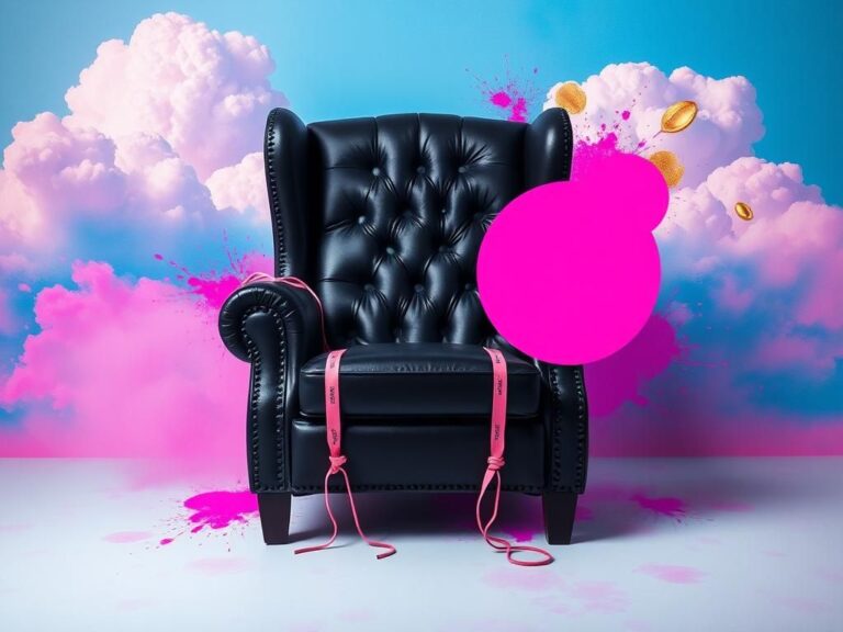 Flick International Artistic representation of a large black leather chair surrounded by vibrant pink and purple hues, symbolizing themes of restraint and liberation.