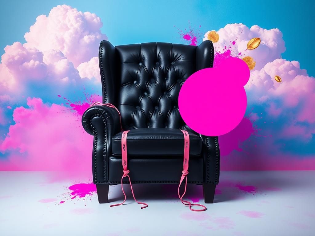 Flick International Artistic representation of a large black leather chair surrounded by vibrant pink and purple hues, symbolizing themes of restraint and liberation.