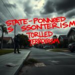 Flick International Urban scene in San Diego depicting tension with shadowy silhouettes of ICE agents and graffiti reading 'STATE-SPONSORED TERRORISM'