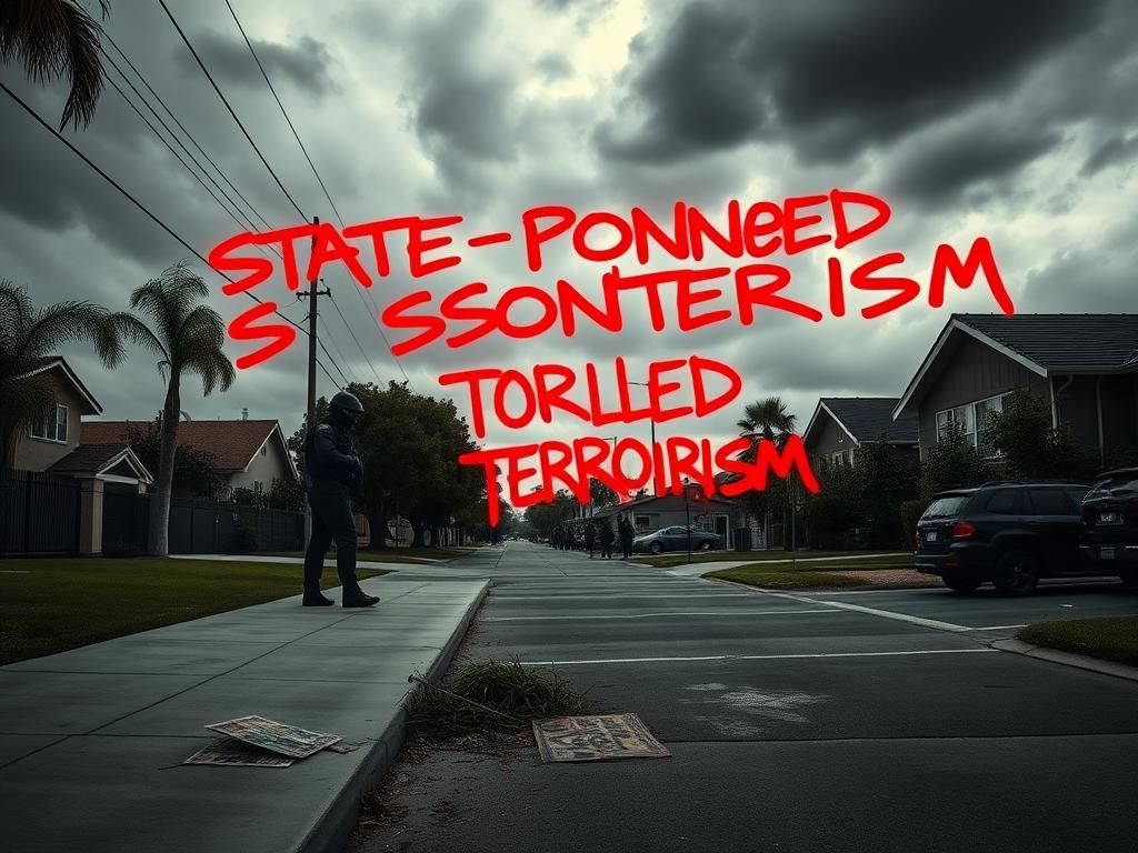 Flick International Urban scene in San Diego depicting tension with shadowy silhouettes of ICE agents and graffiti reading 'STATE-SPONSORED TERRORISM'