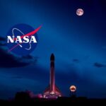 Flick International A vibrant night sky with a NASA logo and modern rocket, representing space exploration