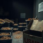 Flick International A somber warehouse filled with unspoiled food and empty USAID boxes symbolizing neglect and humanitarian issues