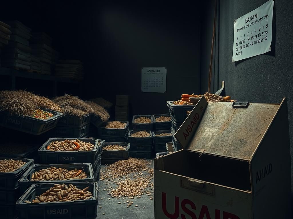 Flick International A somber warehouse filled with unspoiled food and empty USAID boxes symbolizing neglect and humanitarian issues