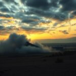 Flick International Abstract landscape depicting a nuclear facility shrouded in clouds and shadows