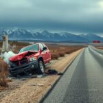 Flick International Crumpled red Dodge Ram pickup truck on a desolate highway near Yellowstone National Park, symbolizing a tragic accident