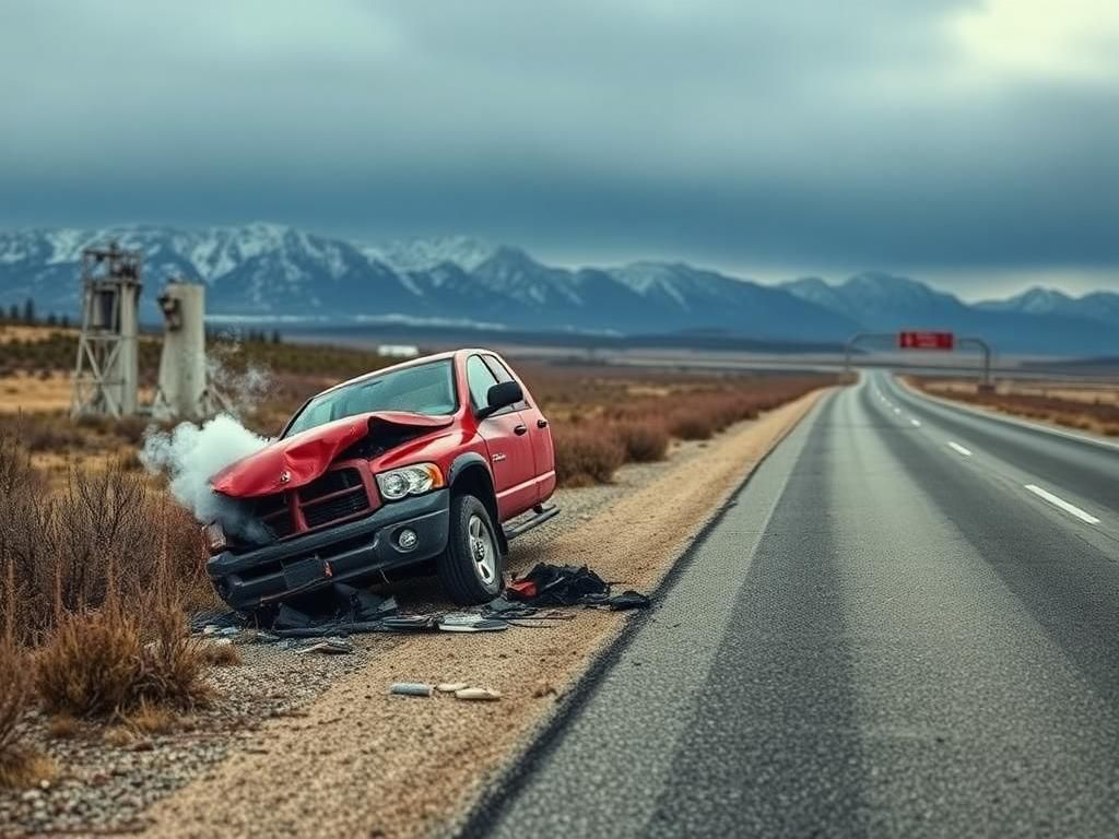 Flick International Crumpled red Dodge Ram pickup truck on a desolate highway near Yellowstone National Park, symbolizing a tragic accident