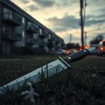Flick International A large, shiny knife lying on the ground near a patch of grass in San Diego, surrounded by remnants of a chaotic struggle.