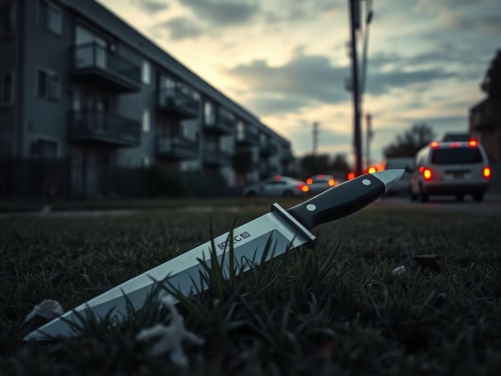 Flick International A large, shiny knife lying on the ground near a patch of grass in San Diego, surrounded by remnants of a chaotic struggle.
