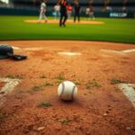 Flick International Aerial view of a tense baseball infield scene with a baseball on the grass