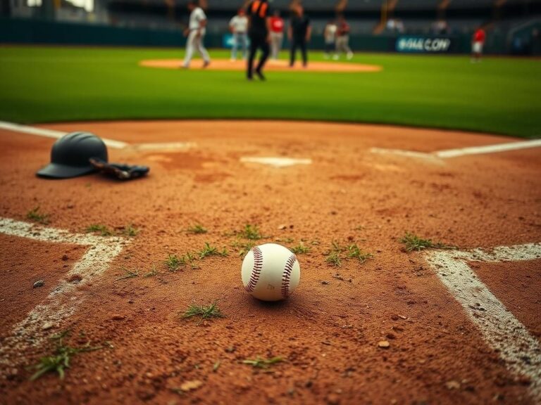 Flick International Aerial view of a tense baseball infield scene with a baseball on the grass