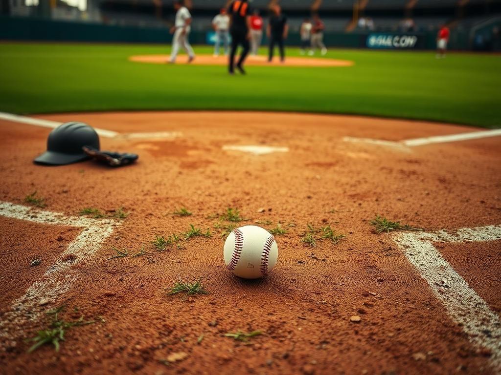 Flick International Aerial view of a tense baseball infield scene with a baseball on the grass