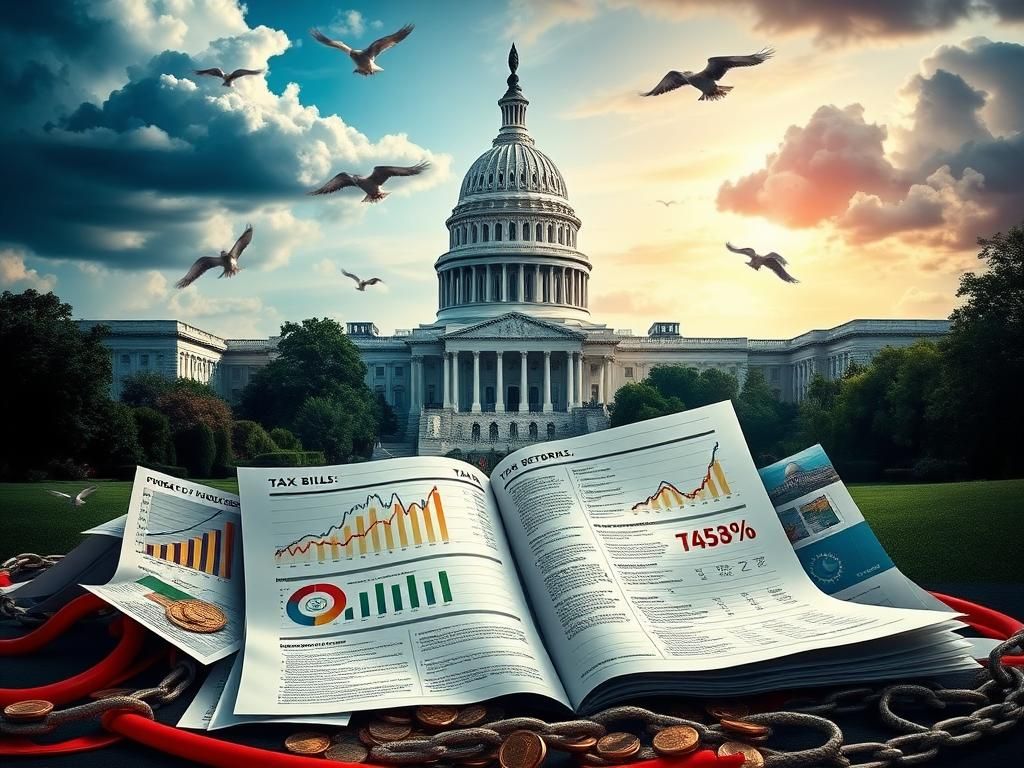 Flick International Dramatic landscape featuring the U.S. Capitol with a tax bill and contrasting economic symbols