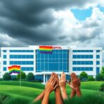 Flick International Abstract representation of a modern hospital with large windows, surrounded by green landscape and symbolic diversity elements.