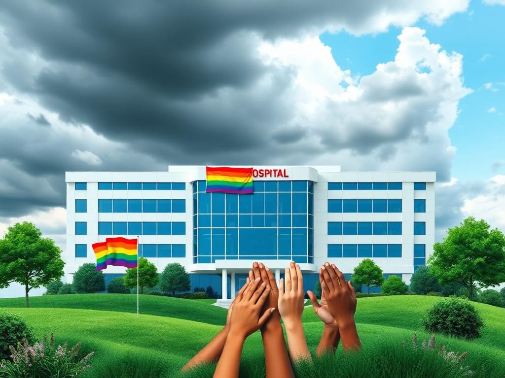 Flick International Abstract representation of a modern hospital with large windows, surrounded by green landscape and symbolic diversity elements.