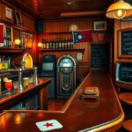 Flick International Cozy interior of a classic American bar reminiscent of Cheers with beer taps and a jukebox