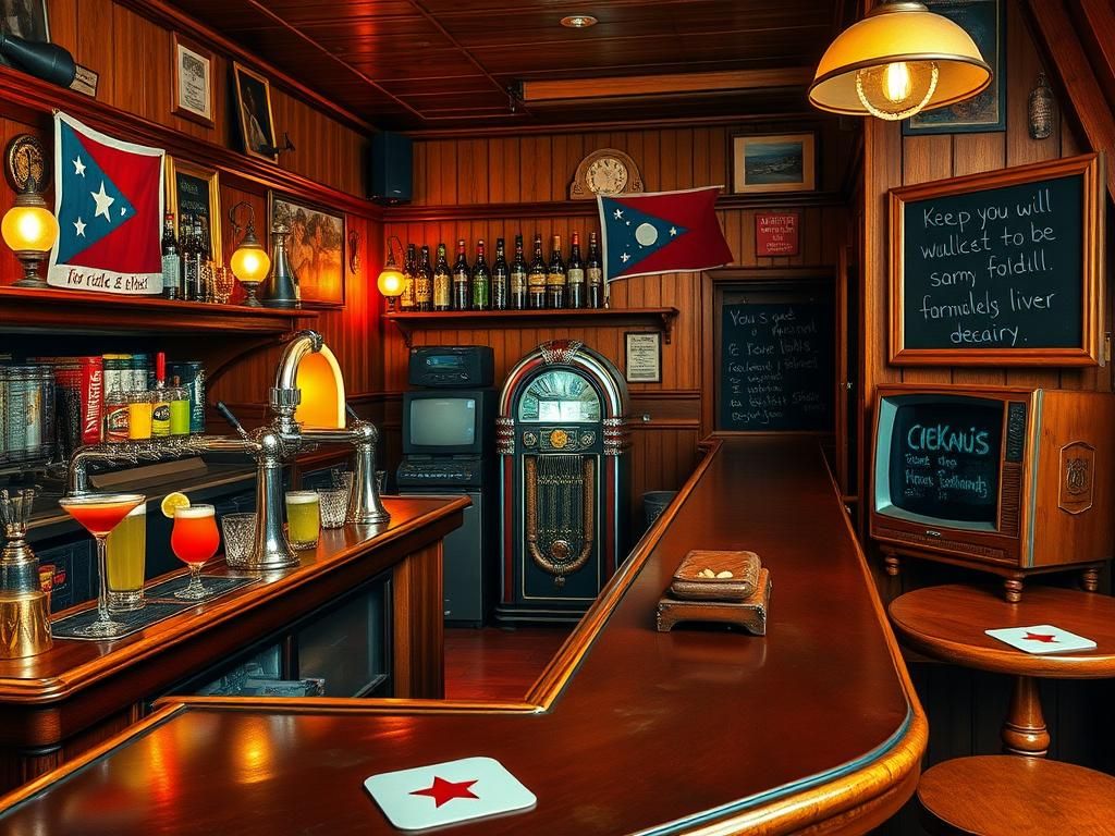 Flick International Cozy interior of a classic American bar reminiscent of Cheers with beer taps and a jukebox