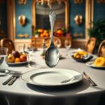 Flick International Surreal dining table setting with a human-sized spoon balanced on fine china