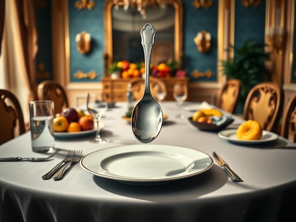 Flick International Surreal dining table setting with a human-sized spoon balanced on fine china