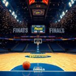 Flick International Dramatic scene of a basketball court celebrating Indiana Pacers' victory