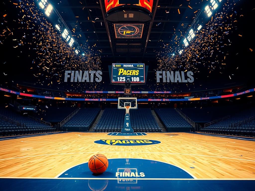 Flick International Dramatic scene of a basketball court celebrating Indiana Pacers' victory