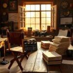 Flick International A vintage film set featuring a worn director's chair and classic movie scripts, symbolizing Clint Eastwood's enduring legacy in Hollywood.