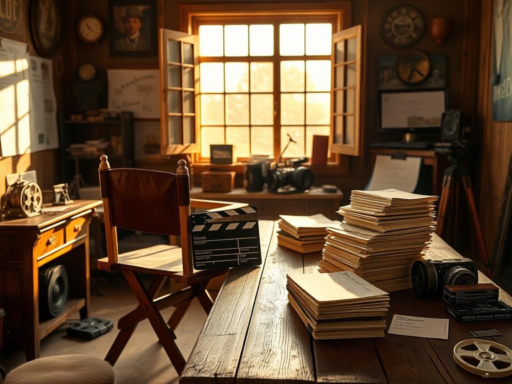 Flick International A vintage film set featuring a worn director's chair and classic movie scripts, symbolizing Clint Eastwood's enduring legacy in Hollywood.