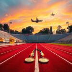 Flick International Dynamic high school track and field stadium scene in California with colorful banners and medals