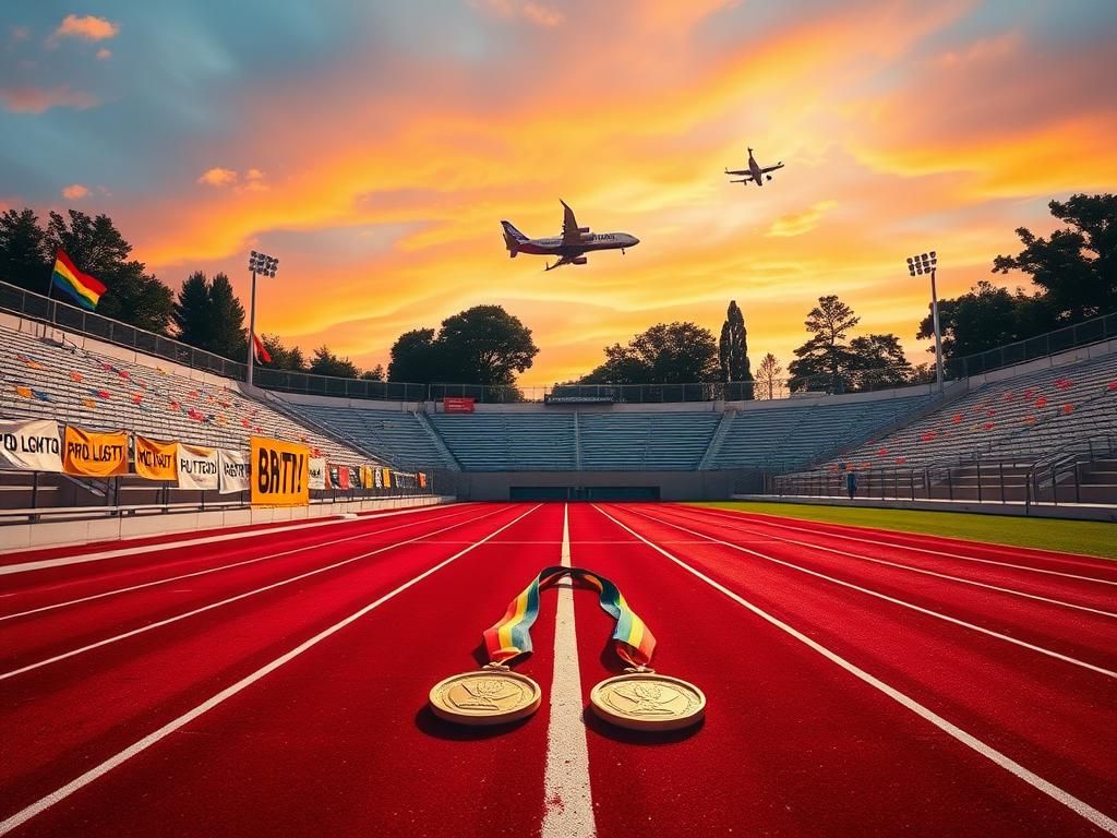 Flick International Dynamic high school track and field stadium scene in California with colorful banners and medals