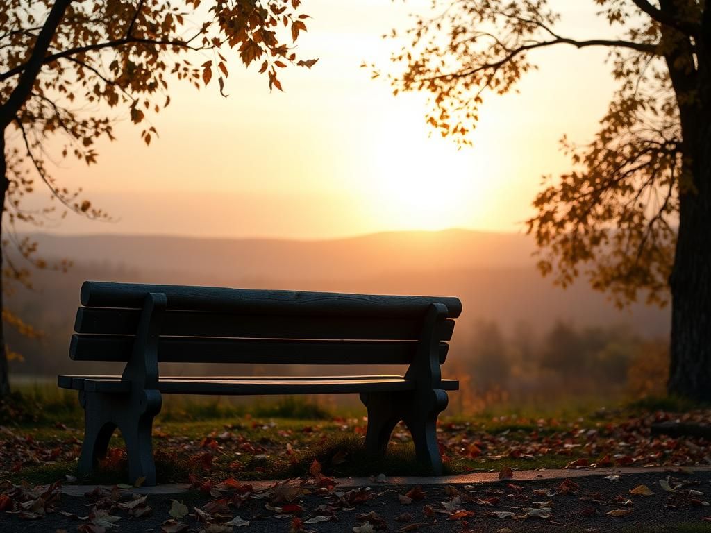 Flick International Worn wooden park bench surrounded by vibrant autumn leaves in a serene landscape.