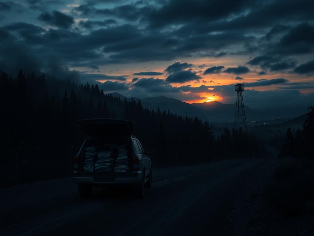 Flick International Dark, ominous landscape at the Canadian border depicting smuggling activities.