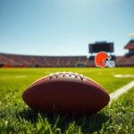 Flick International A football field with a pristine football on the ground under a bright blue sky, featuring the Cleveland Browns logo