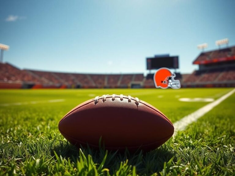 Flick International A football field with a pristine football on the ground under a bright blue sky, featuring the Cleveland Browns logo